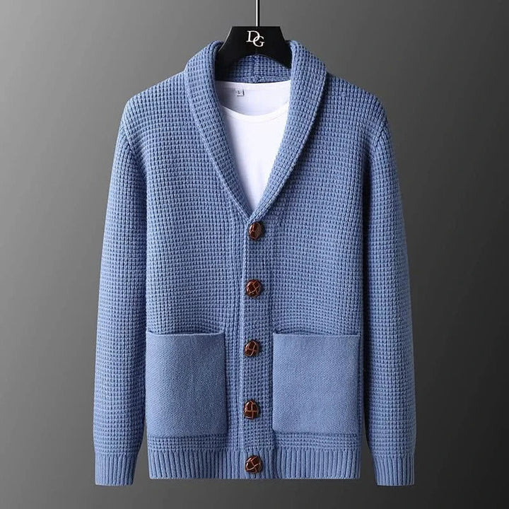 Men's textured knit cardigan with shawl collar, buttons and patch pockets