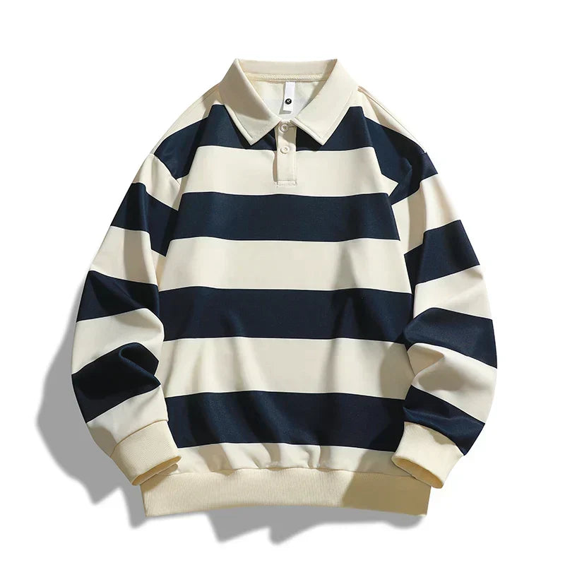 Unisex striped polo jumper with long sleeves, button placket and ribbed trims
