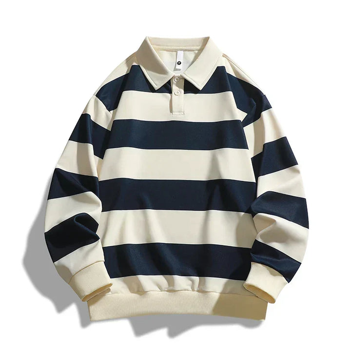 Unisex striped polo jumper with long sleeves, button placket and ribbed trims