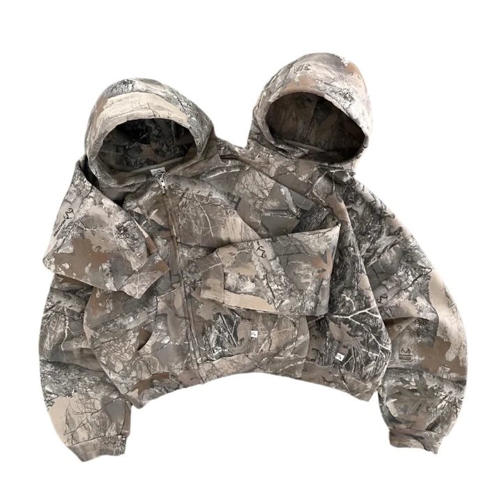 Camouflage hooded sweatshirt with full front zipper and cropped fit