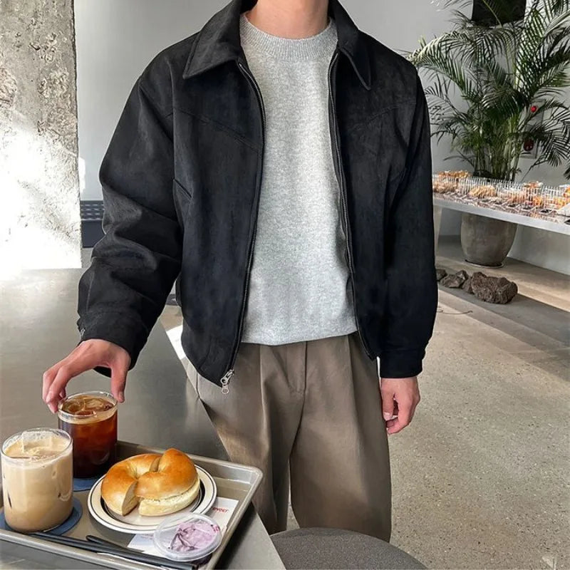 Men's collared zip jacket shown in black and brown with long sleeves and front pockets