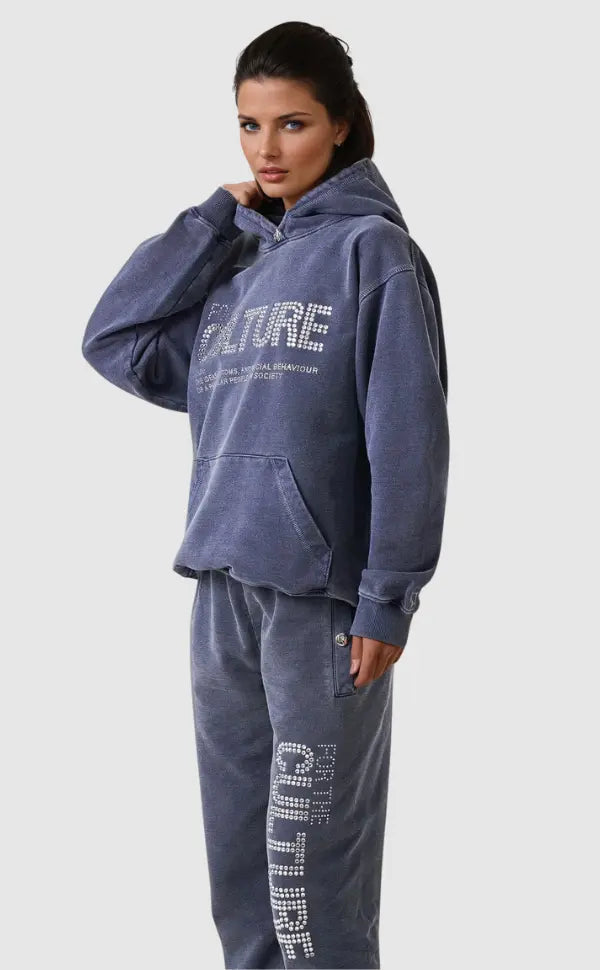 Women's blue graphic pullover hoodie with kangaroo pocket
