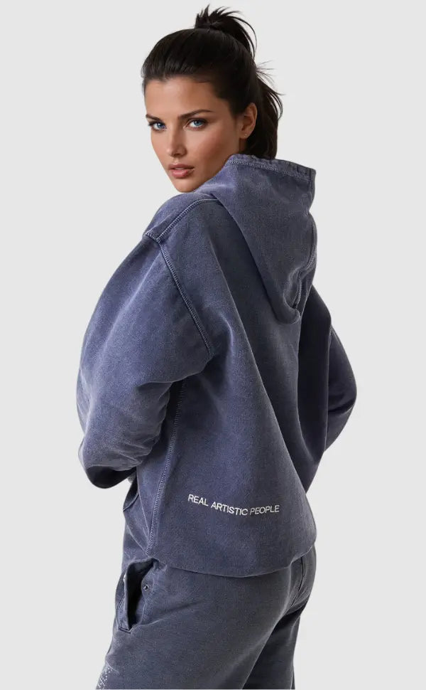 Women's blue graphic pullover hoodie with kangaroo pocket