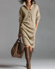 Women's ribbed knit midi dress with stand collar, buttons and long sleeves