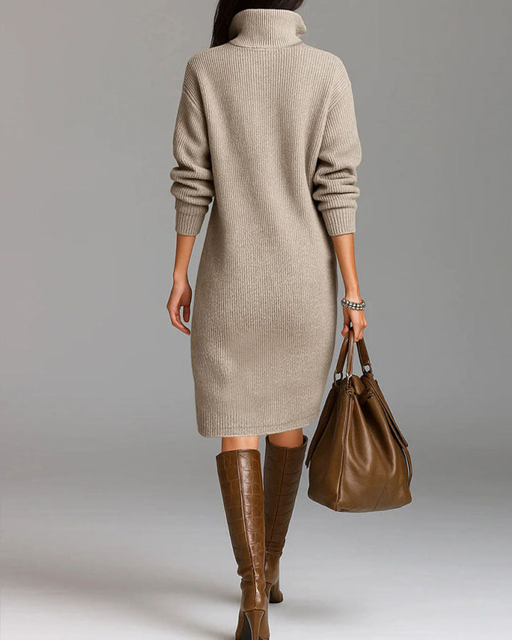 Women's ribbed knit midi dress with stand collar, buttons and long sleeves