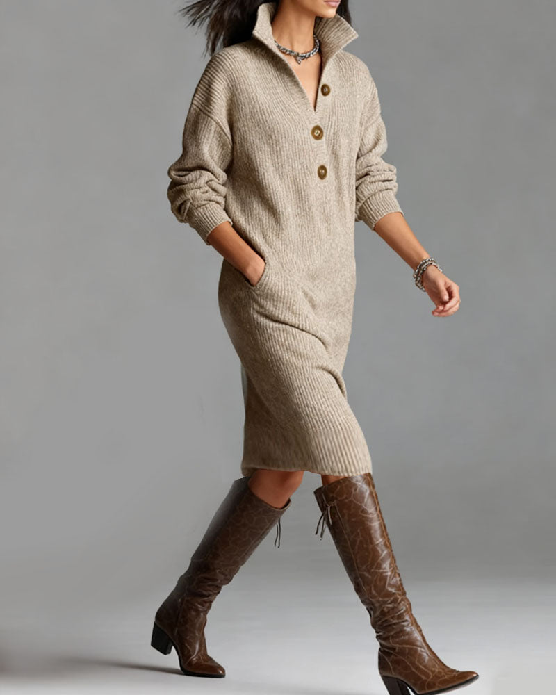 Women's ribbed knit midi dress with stand collar, buttons and long sleeves