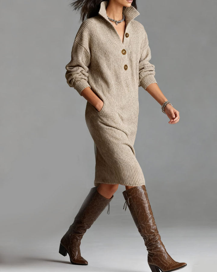 Women's ribbed knit midi dress with stand collar, buttons and long sleeves