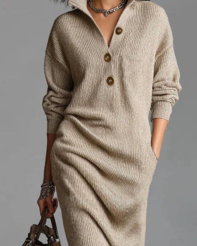 Women's ribbed knit midi dress with stand collar, buttons and long sleeves