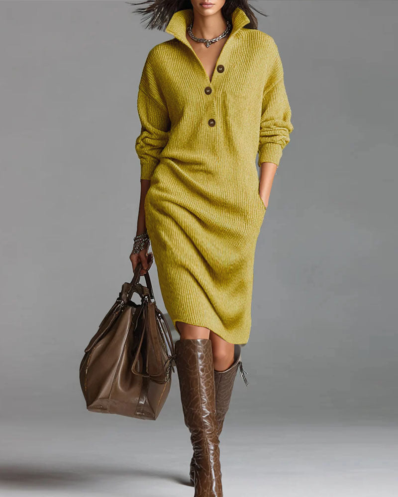 Women's ribbed knit midi dress with stand collar, buttons and long sleeves