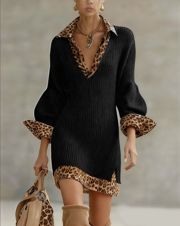 Women's ribbed knit mini dress with leopard print trim