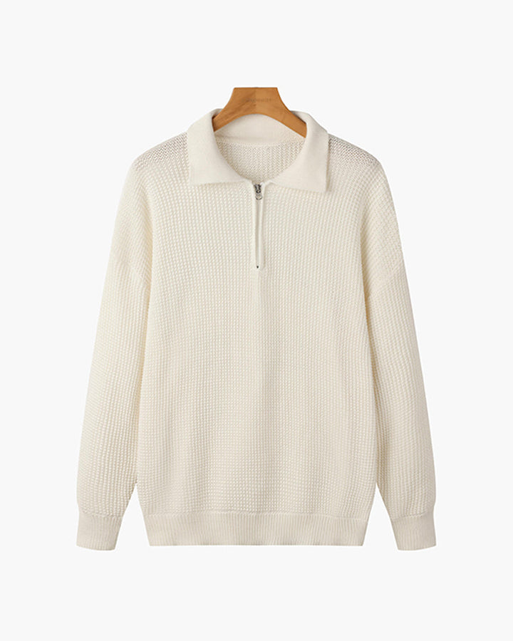 Men's ribbed quarter-zip polo sweater with long sleeves and collared neckline