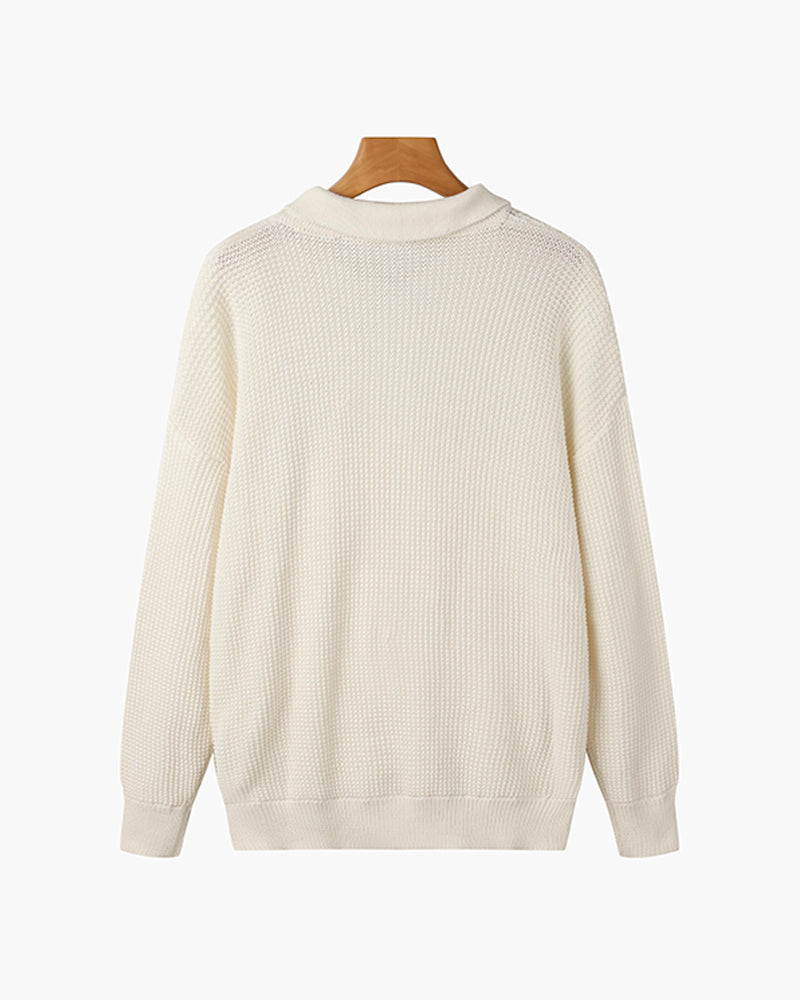 Men's ribbed quarter-zip polo sweater with long sleeves and collared neckline