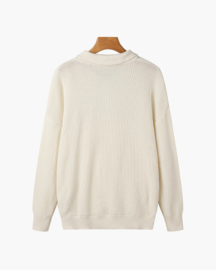 Men's ribbed quarter-zip polo sweater with long sleeves and collared neckline