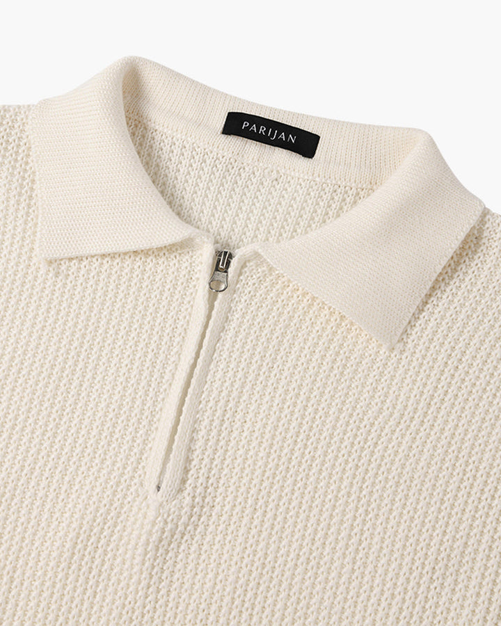Men's ribbed quarter-zip polo sweater with long sleeves and collared neckline