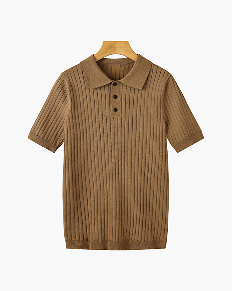 Men's ribbed polo shirt with short sleeves and button placket