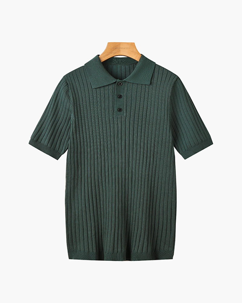 Men's ribbed polo shirt with short sleeves and button placket