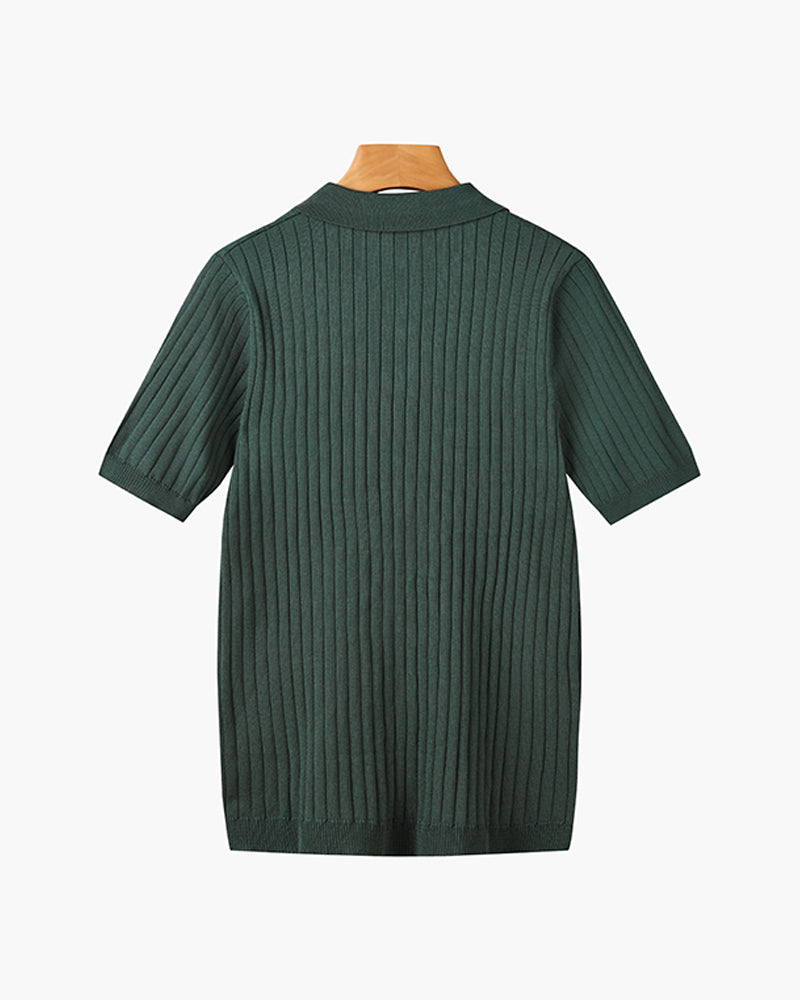 Men's ribbed polo shirt with short sleeves and button placket