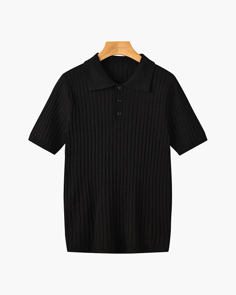 Men's ribbed polo shirt with short sleeves and button placket
