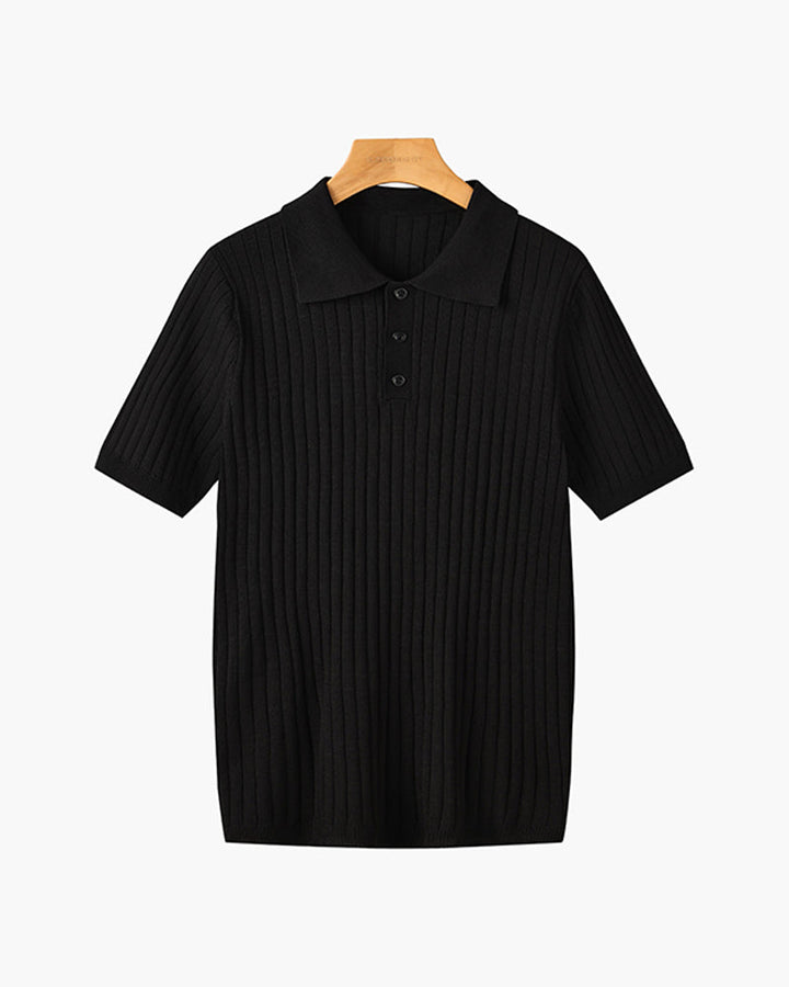 Men's ribbed polo shirt with short sleeves and button placket