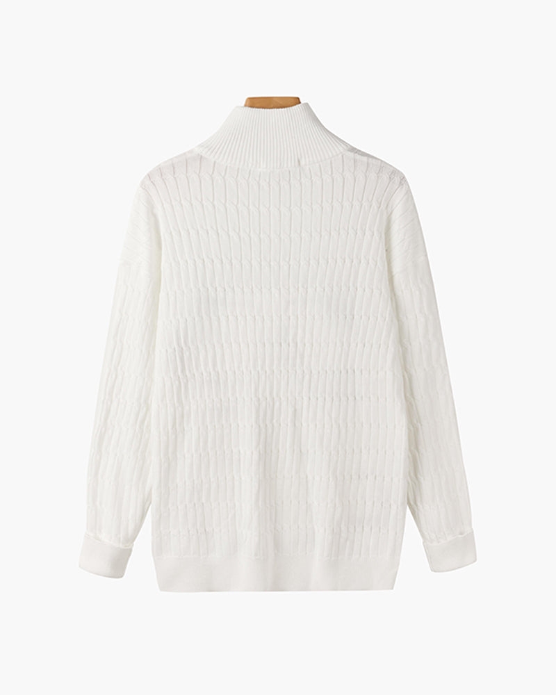 Unisex ribbed half-zip mock-neck sweater shown in white and black