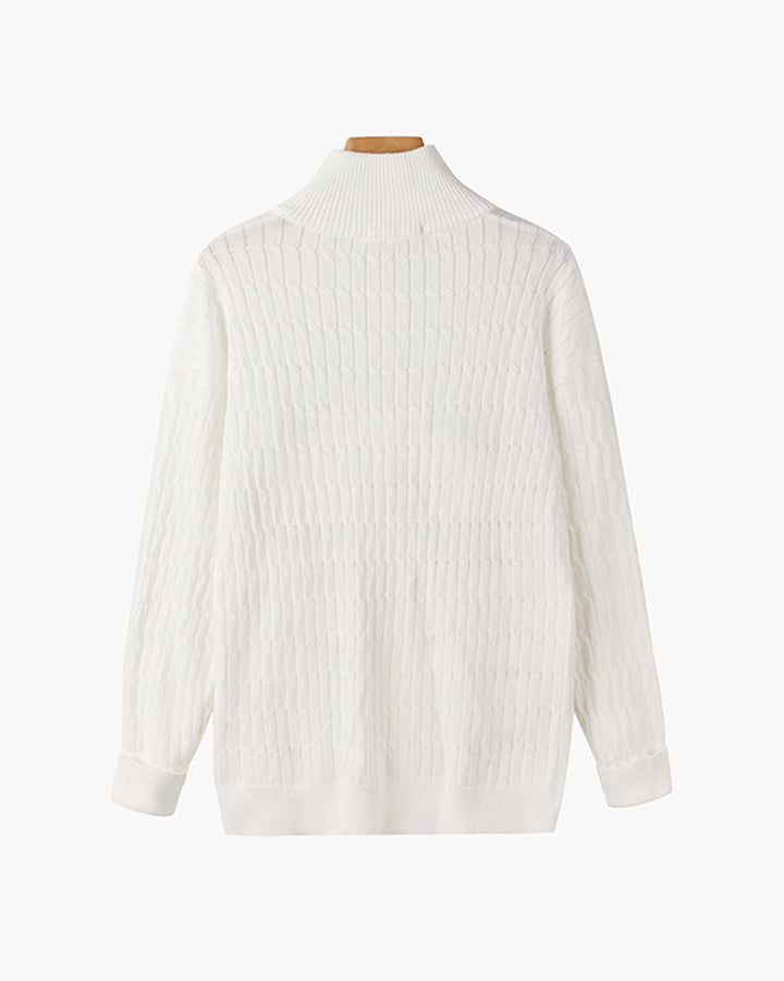 Unisex ribbed half-zip mock-neck sweater shown in white and black