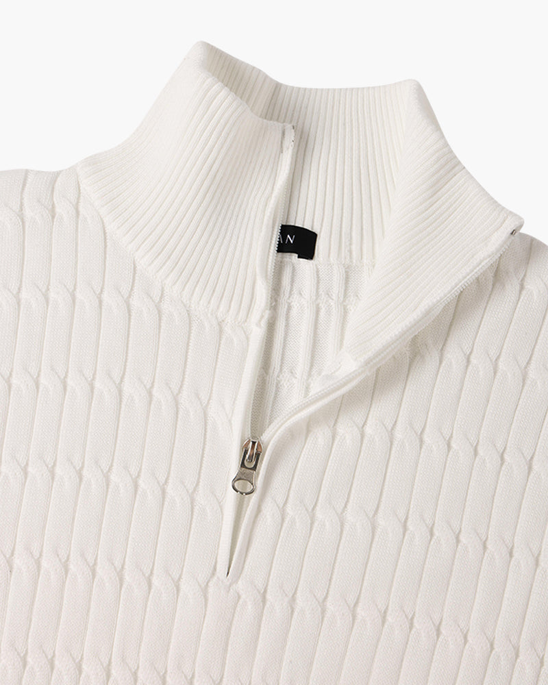 Unisex ribbed half-zip mock-neck sweater shown in white and black