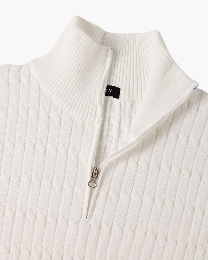 Unisex ribbed half-zip mock-neck sweater shown in white and black