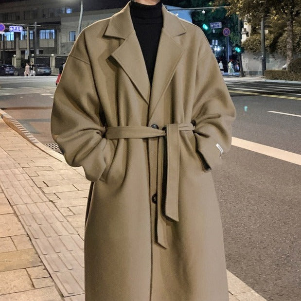 Longline belted overcoat with notch lapels and side pockets