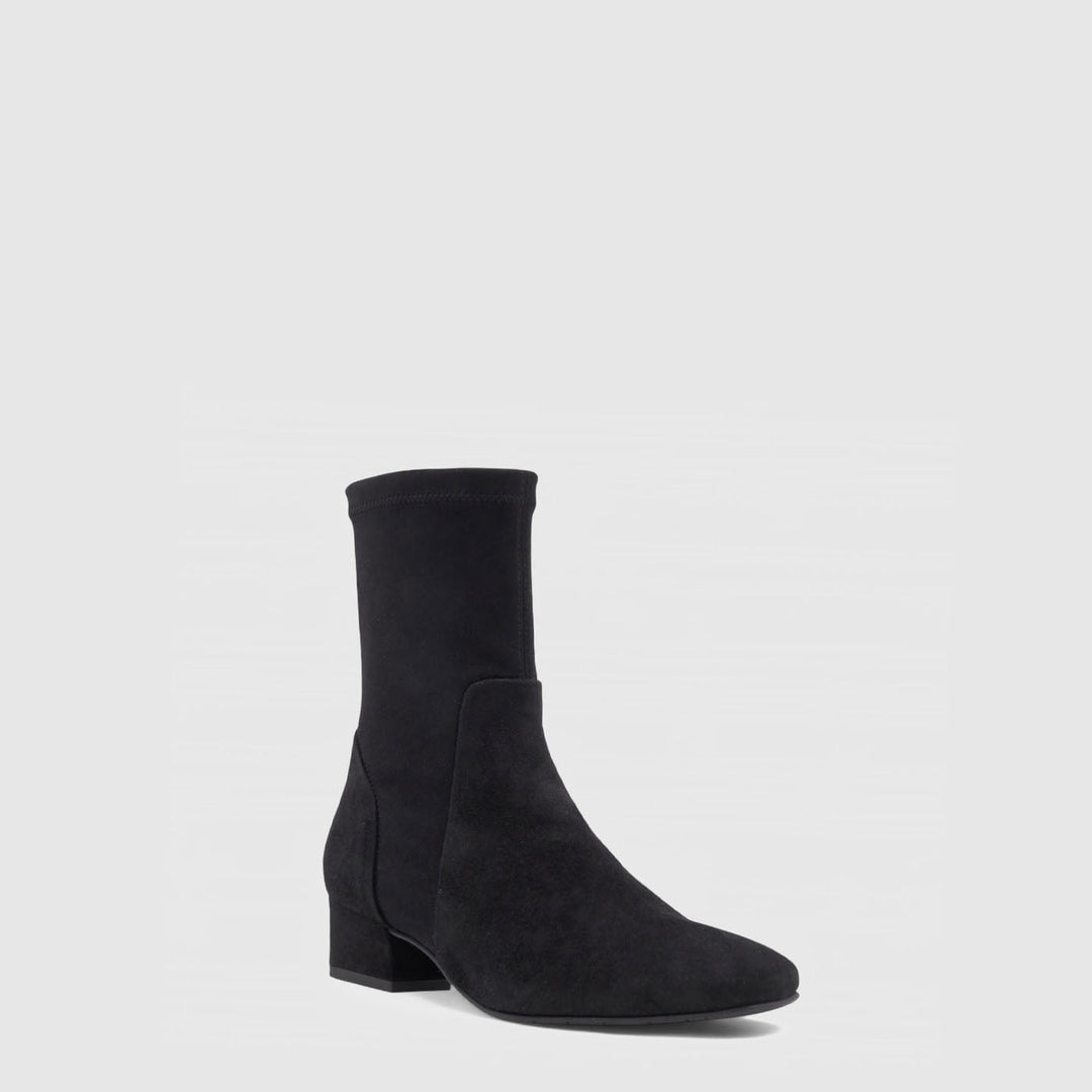 Women's black ankle boot with almond toe and mid block heel