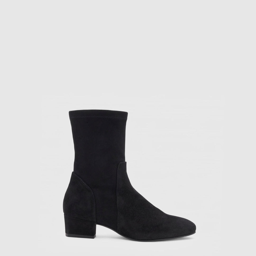 Women's black ankle boot with almond toe and mid block heel