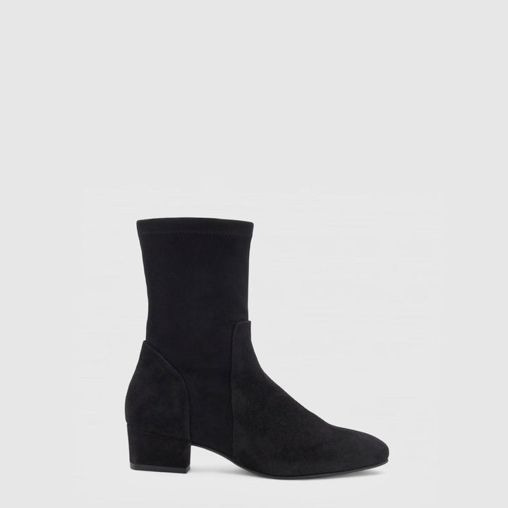 Women's black ankle boot with almond toe and mid block heel