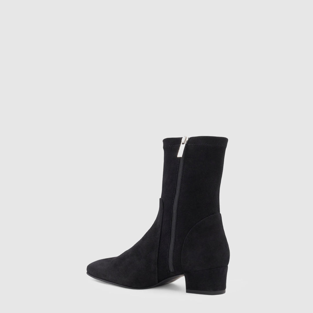 Women's black ankle boot with almond toe and mid block heel