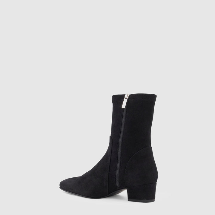 Women's black ankle boot with almond toe and mid block heel