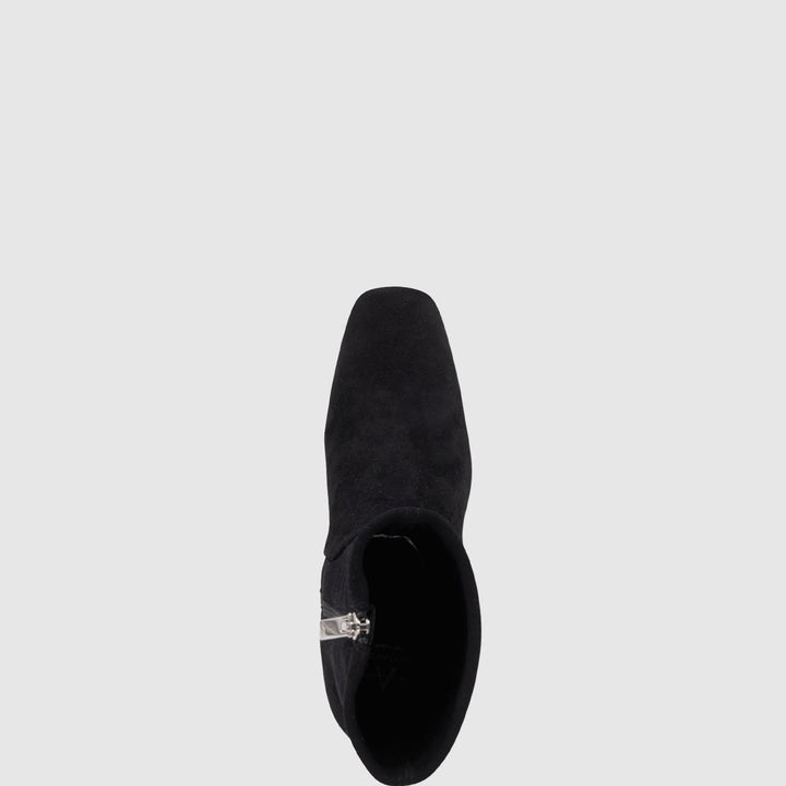 Women's black ankle boot with almond toe and mid block heel