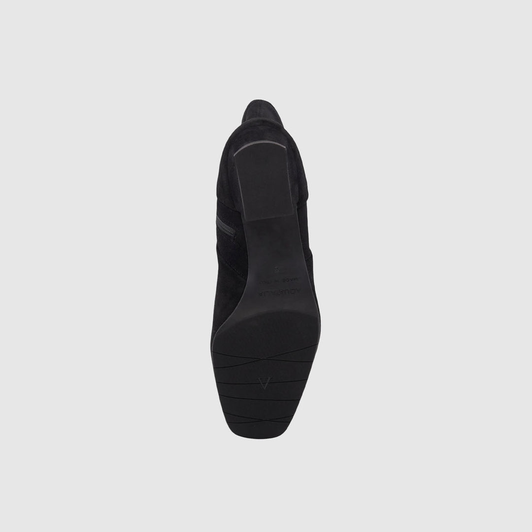 Women's black ankle boot with almond toe and mid block heel