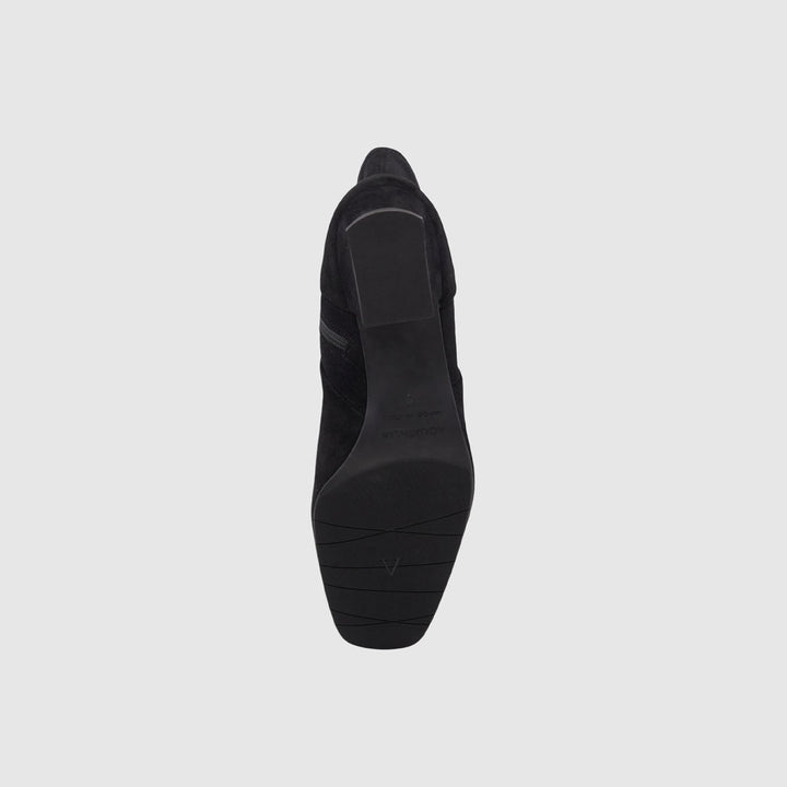Women's black ankle boot with almond toe and mid block heel