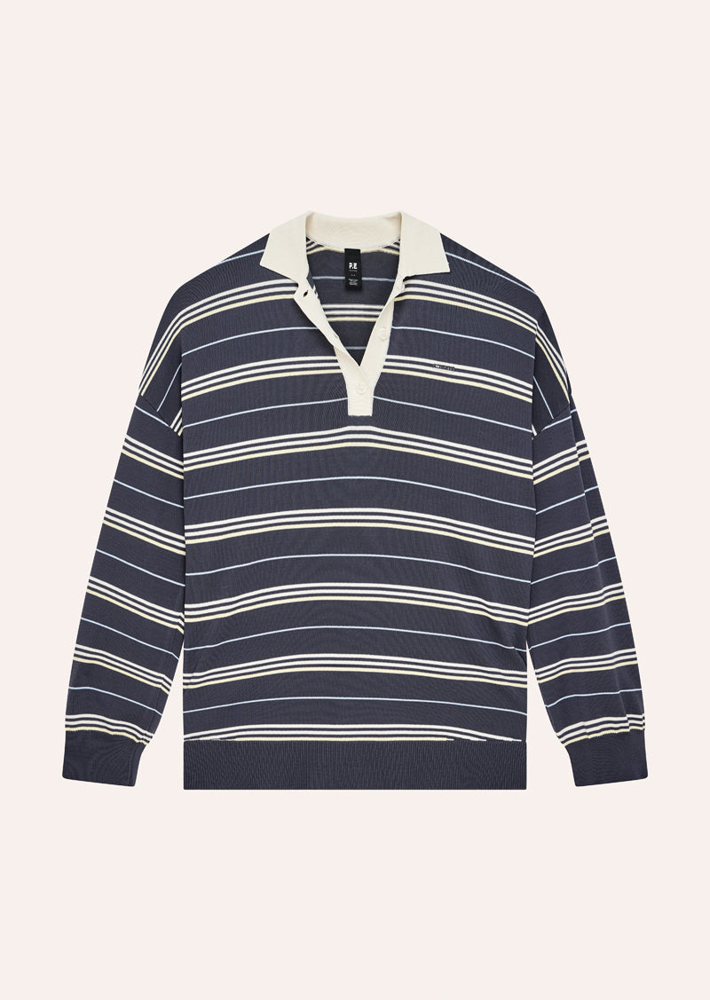 Women's striped rugby knit jumper with polo collar and long sleeves