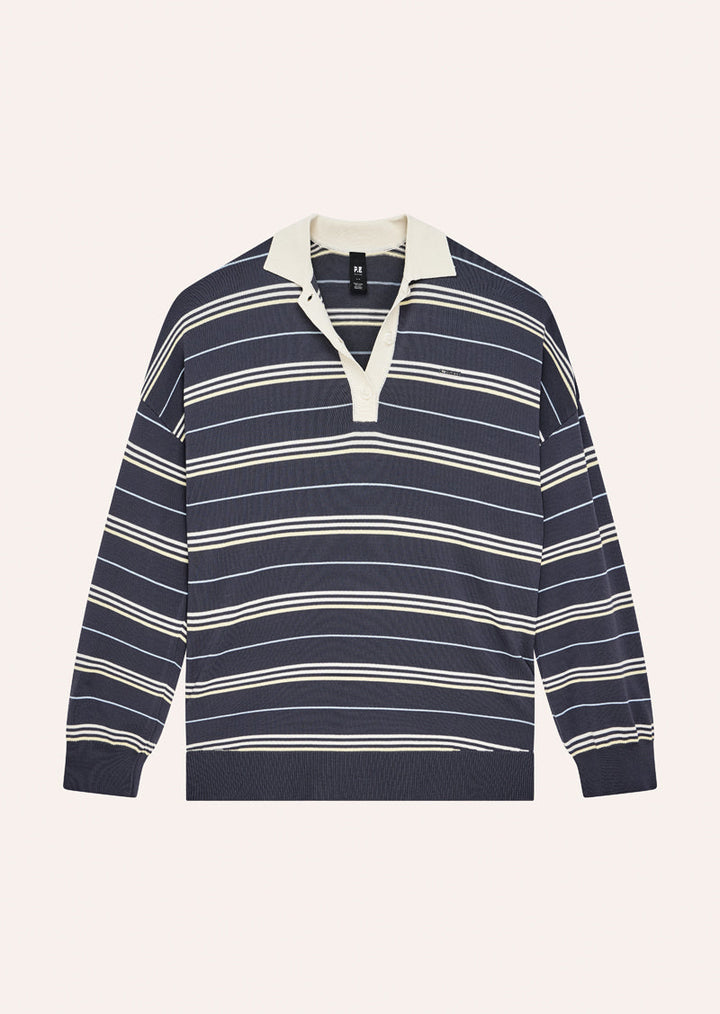 Women's striped rugby knit jumper with polo collar and long sleeves