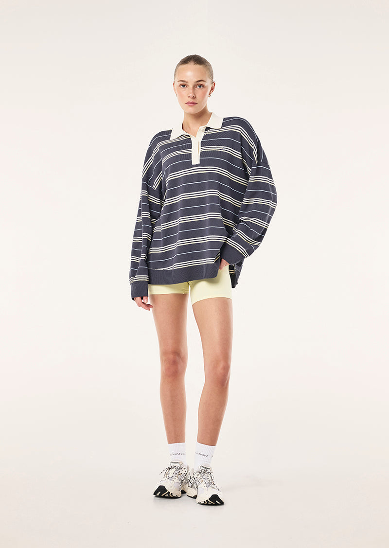 Women's striped rugby knit jumper with polo collar and long sleeves