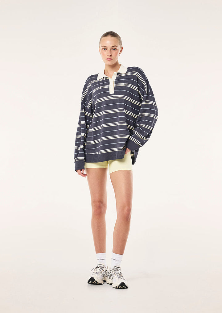 Women's striped rugby knit jumper with polo collar and long sleeves