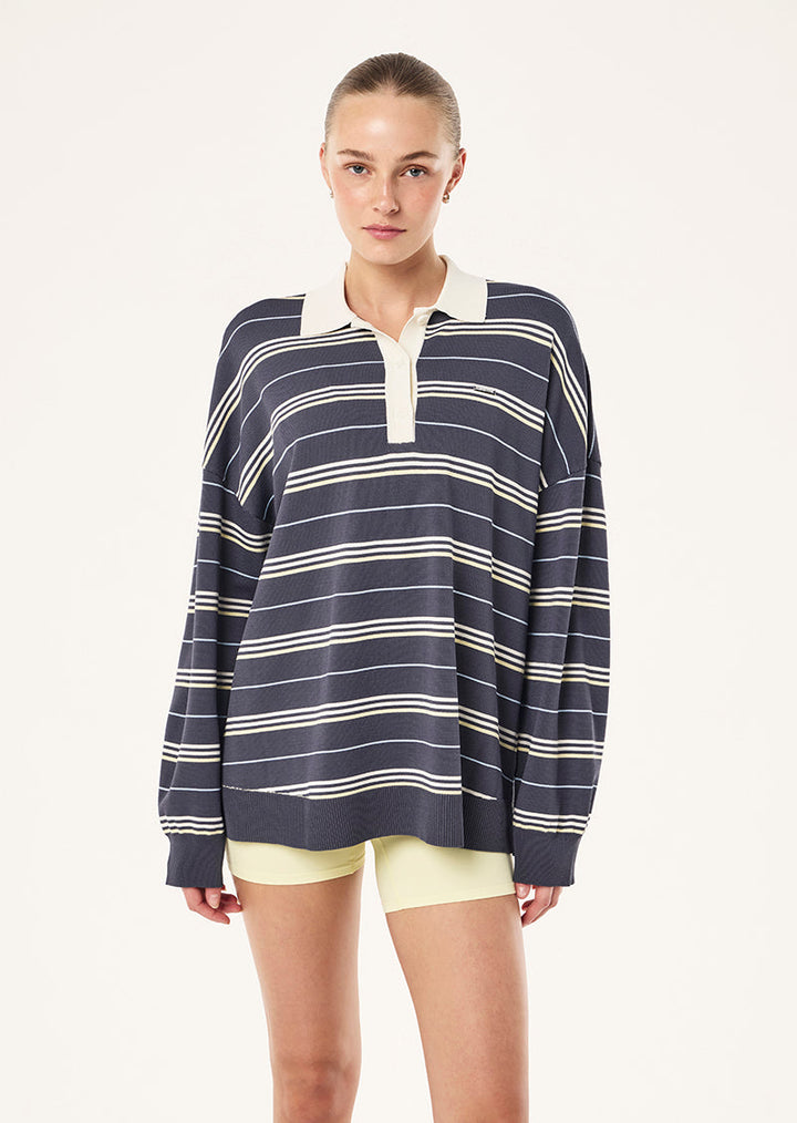 Women's striped rugby knit jumper with polo collar and long sleeves
