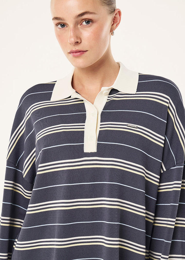 Women's striped rugby knit jumper with polo collar and long sleeves