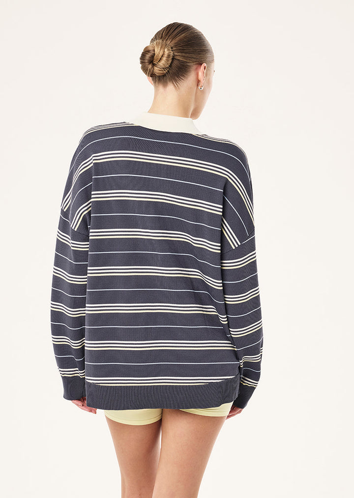 Women's striped rugby knit jumper with polo collar and long sleeves