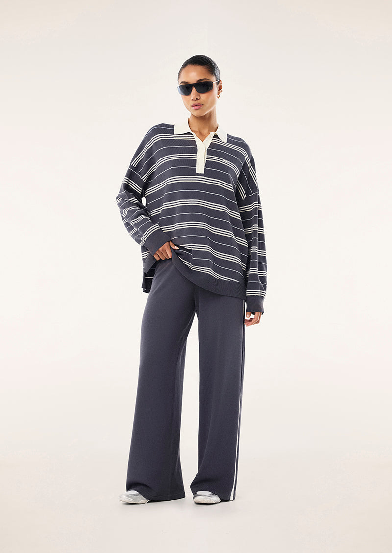 Women's striped rugby knit jumper with polo collar and long sleeves