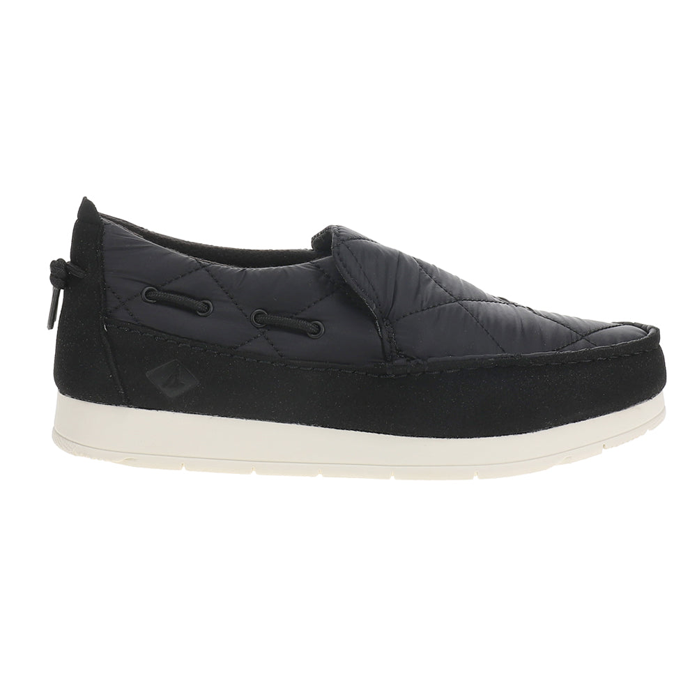 Black quilted moc slippers with round toe and contrasting flat sole