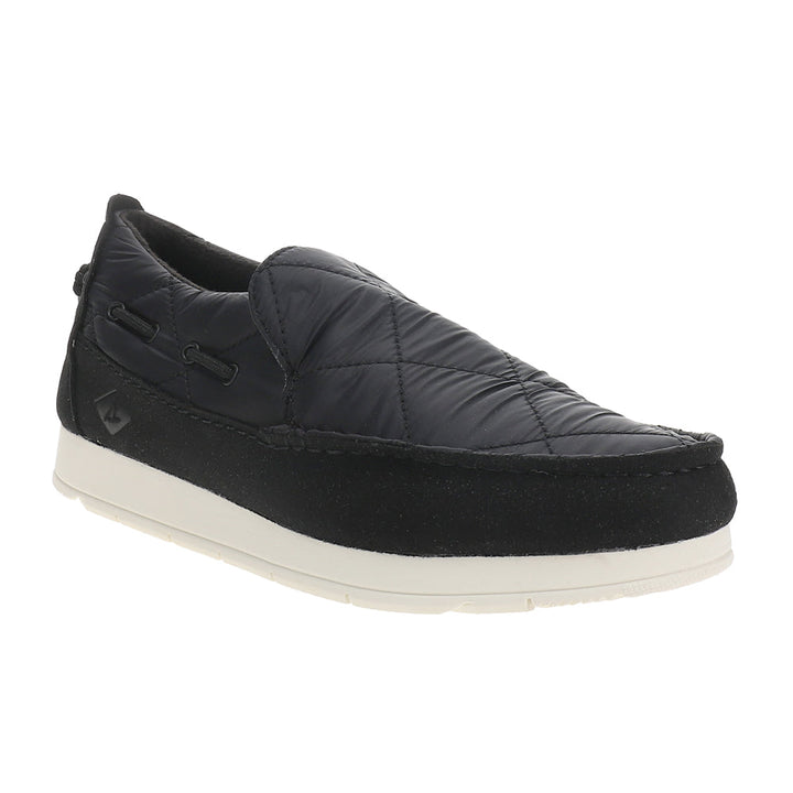 Black quilted moc slippers with round toe and contrasting flat sole