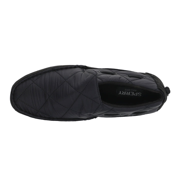 Black quilted moc slippers with round toe and contrasting flat sole