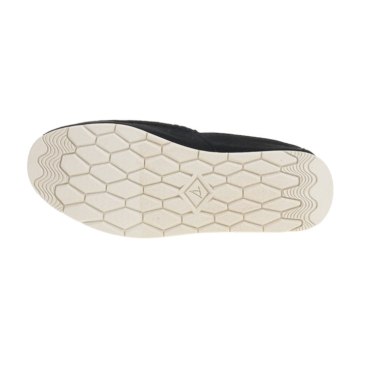 Black quilted moc slippers with round toe and contrasting flat sole