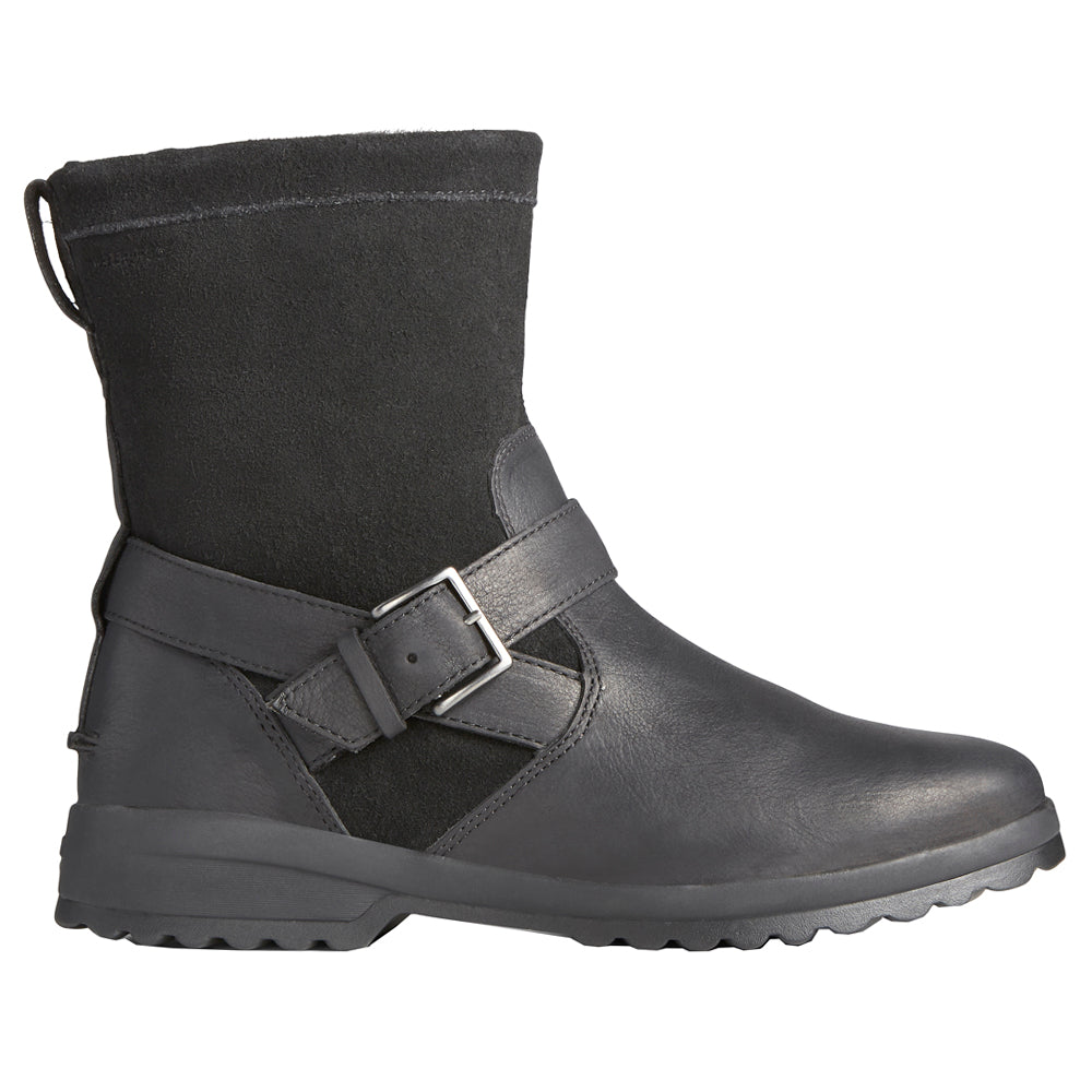 Black pull-on biker boots with buckle strap, rounded toe and ridged sole