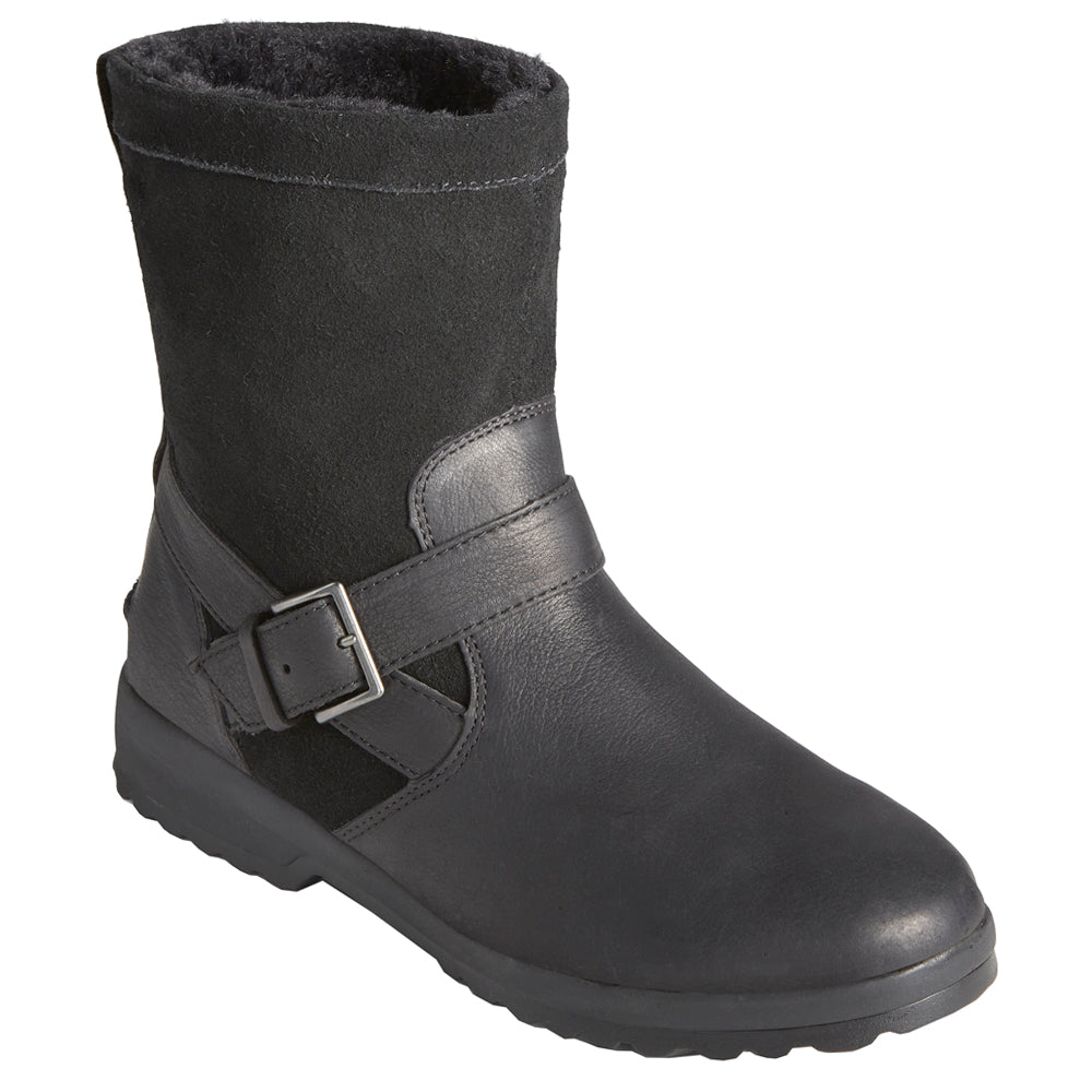 Black pull-on biker boots with buckle strap, rounded toe and ridged sole